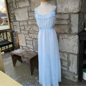 Vintage light blue ruffle floral sleeveless maxi nightgown dress S